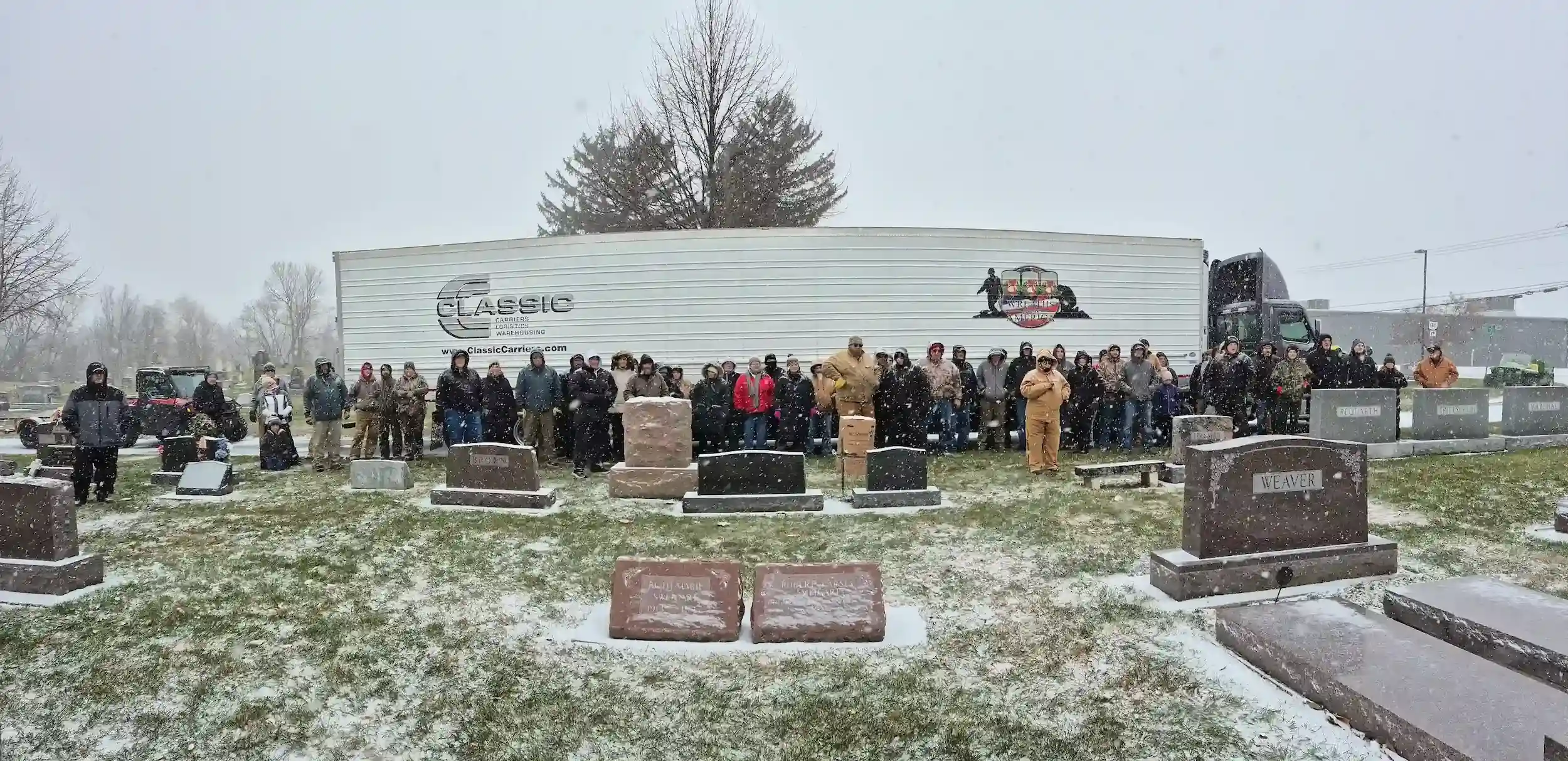 All volunteers that came to help at the Wreaths Across America event in front of Classic Carriers truck.